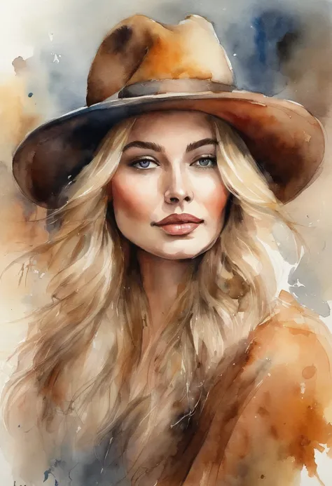 Long blonde woman in Russian hat、Russian hat with raccoon fur、Blonde and long straight hair woman、luminous design、PastelColors、dripping ink、autumn lights