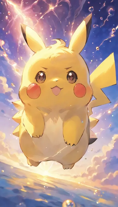 Cute Pikachu，Lively and agile，Yellow soft hairs，Red blush，sparkling big eyes，Cute little pointy ears，Lightning background，Surreal、Otherworldly、Illustration of the super sky scene，Beautifully rendered down to the smallest detail, See the bubbles gently blow...