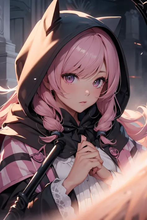 With a girl in a cute hood wrapped in thick fog、Female Grim Reaper Protecting Girl Behind,Wielding a scythe,Emerge from the swirling shadows.Stand in the Cemetery of Forgotten Souls.(Light brown and light pink striped hair:1.3,),Perfect face,Proper body pr...