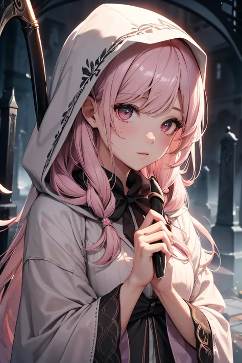 With a girl in a cute hood wrapped in thick fog、Female Grim Reaper Protecting Girl Behind,Wielding a scythe,Emerge from the swirling shadows.Stand in the Cemetery of Forgotten Souls.(Light brown and light pink striped hair:1.3,),Perfect face,Proper body pr...