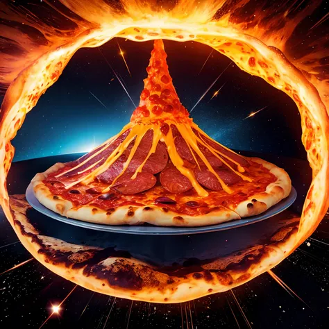 pizza volcano erupting on center, shining pizza, universe background