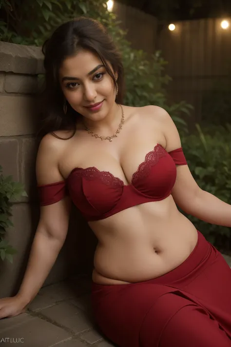 nsfw, night scene, close up photo of nazriya nazim from top view, big cheeks, curvy, sexy navel, lying near shrub in a garden, off shoulder strapless cowl neck lace red saree and bra, deep cut neckline, perfect figure, swooping breasts, deep cleavage, pony...