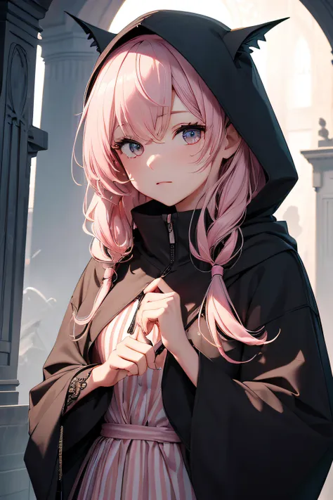 With a girl in a cute hood wrapped in thick fog、Female Grim Reaper Protecting Girl Behind,Wielding a scythe,Emerge from the swirling shadows.Stand in the Cemetery of Forgotten Souls.(Light brown and light pink striped hair:1.3,),Perfect face,Proper body pr...