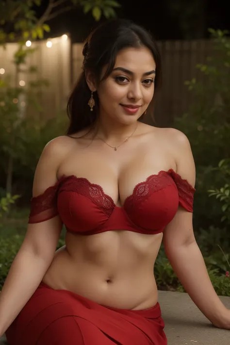 nsfw, night scene, close up photo of nazriya nazim from top view, big cheeks, curvy, sexy navel, lying near shrub in a garden, off shoulder strapless cowl neck lace red saree and bra, deep cut neckline, perfect figure, swooping breasts, deep cleavage, pony...