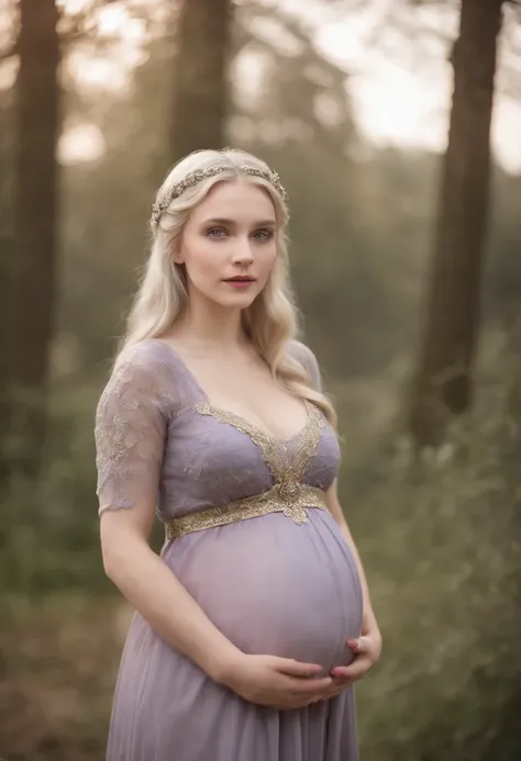 pale fair complexion, woman around 19 years old, natural silver-blonde hair, violet eyes, wearing kohl, beautiful, large breasts, innocent looking, pregnant, 9 months pregnant, medieval setting with candlelight, ultra sharp focus, realistic shot, medieval ...