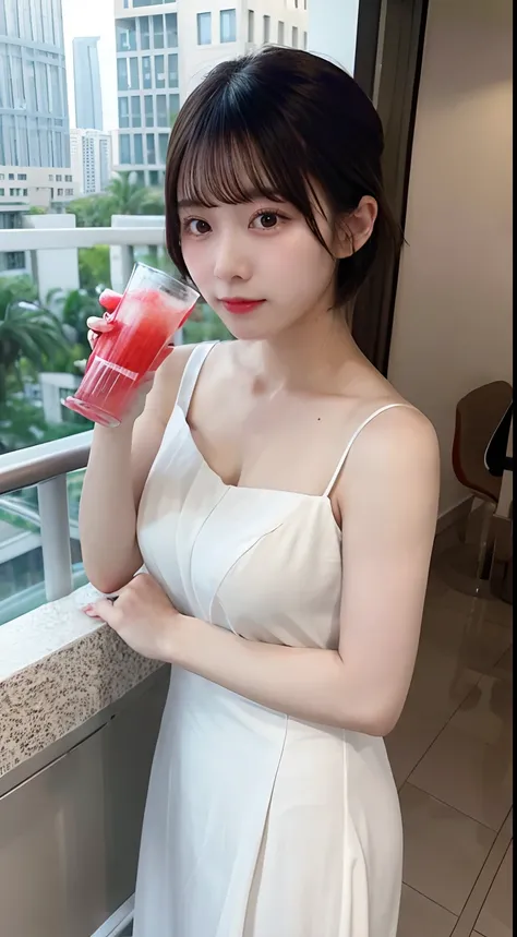 Cut fruit，Fresh fruit juice，a big breast chinese girl，short detailed hair，in a long white dress，Drinking juice，Standing on Balcony，high rise，Resort hotels，Canon EOS 5D IV shooting， Photographic lighting，hyper realisitc，Masterpiece，perfect compositions