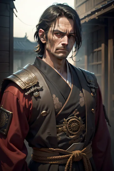 1man, grim facial expression,  Post-apocalypse, Solo Focus, Adult, Old times,femele、tearoom、Temples、 Realistic, dynamic pose realistic, Detailed and correct facial structure, Dark atmosphere, Blade Ornament, wearing kimonos、 Attractive,  Cinematic lighting...