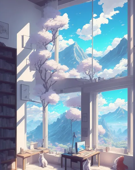 hestyle room, beautiful gaming room, windows, cinematic lighting, evening time, cat facing window, studio ghibli style