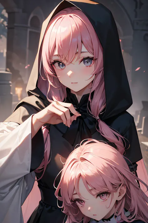 With a girl in a cute hood wrapped in thick fog、Female Grim Reaper Protecting a Girl from Behind,Wielding a scythe,Emerge from the swirling shadows.Stand in the Cemetery of Forgotten Souls.(Light brown and light pink striped hair:1.3,),Perfect face,Proper ...