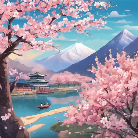 March is when peach blossoms are in full bloom. The river washes away fallen flowers, but not the colors of early spring, masterpiece, best quality