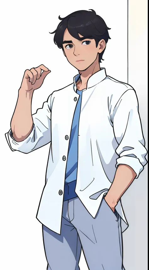 ((Masterpiece)), ((Best quality)), 8K, high detal, Ultra-detailed,quadratic element， A handsome man standing on white background, Dressed in casual attire, expecting, 1人,full bodyesbian,The facial features are clear and delicate， ((Casual clothes)), (White...