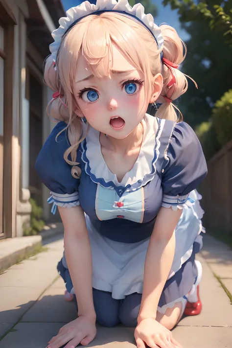 ((Rendering of cute 3D anime slender girl)),((Blue color maid clothes)),Blonde twin tails with red earrings,((all-fours)),, Selfie wind, Angle from below,from the front side,Looking up at the sky, a closeup, summertime, 8K portrait rendering, Smooth Anime ...