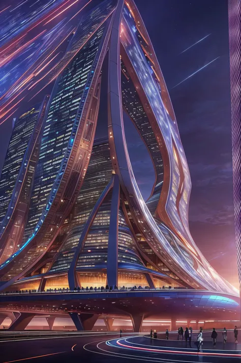 Cidade futuristica， fanciful， 24th century，In the metropolis of the future，Under the brilliant night sky stands a breathtaking sci-fi building。This huge building hangs high above the ground like a spaceship，It features streamlined curves and shimmering fro...