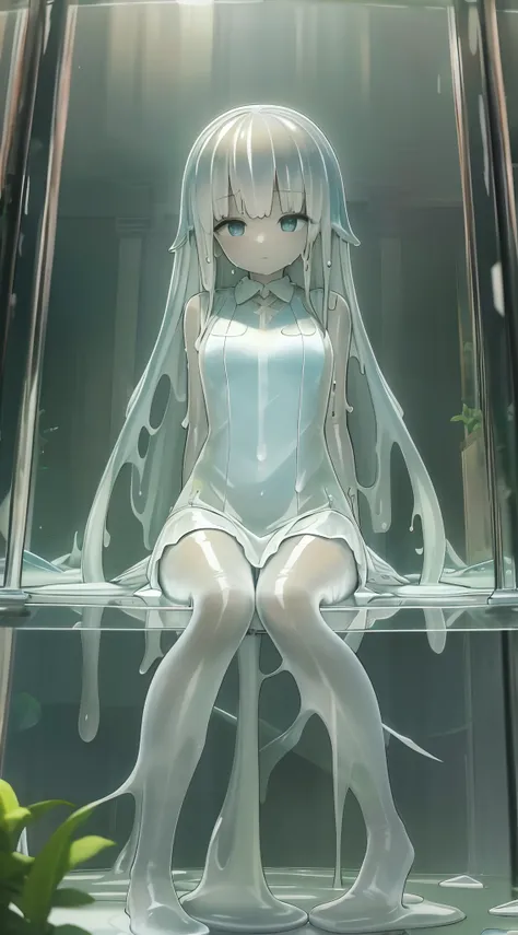 (masterpiece,best quality,ultra-detailed,best illustration:1.3), 1girl, (slime girl:1.3), ( transparent:1.3), (see-through:1.1),sitting, white highhighs, (refraction,reflection:1.1) , transparent face,transparent body,transparent skin,sunshine day