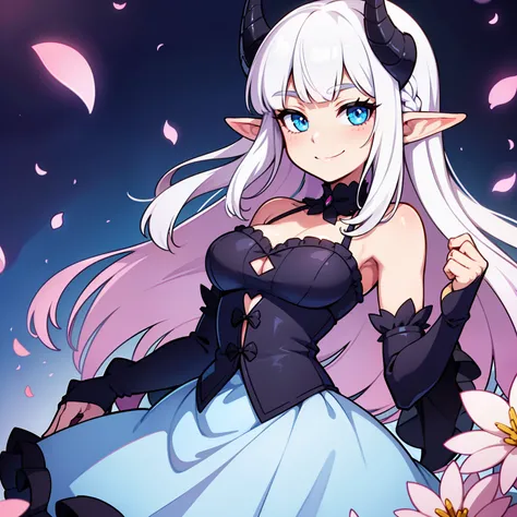 1Girl, solo, looking at viewer, white hair, long hair, straight bangs, light blue eyes, smiling, upper body, flowers, frilly dress, black dragon horns, elf ears, big bust, pink theme, blue dress, masterpiece, best quality, soft lighting,