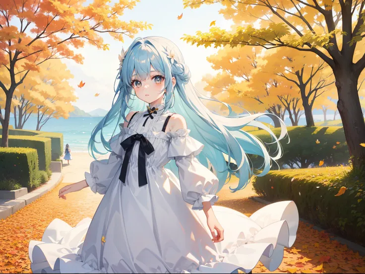 Pretty girl　You can see the sea in the distance　A park on a hill with autumn leaves　Light blue long hair　Black eyes　Yellow and white dress　Very Beautiful Little Girl　Photo of falling leaves fluttering　Face Highlights