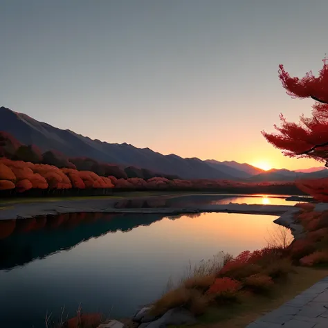 Arashi Ancient Lake，Sunset。The autumn colors are bleak，Twilight smoke。The wild water is vast and unsatisfactory。