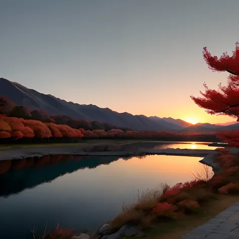 Arashi Ancient Lake，Sunset。The autumn colors are bleak，Twilight smoke。The wild water is vast and unsatisfactory。