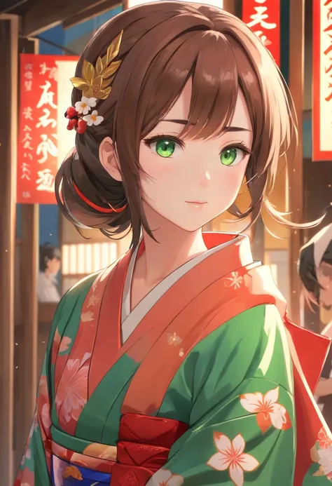 ((Kimono girl)), ((Best quality)), ((Masterpiece)), ((Realistic)), full bodyesbian，Barefoot，There are tattoos on the soles of the feet, Hair with metal hair accessories，Long hair, ((Green eyes)), Female face, Metal engraved tabletop, Royal Halo, trends in ...