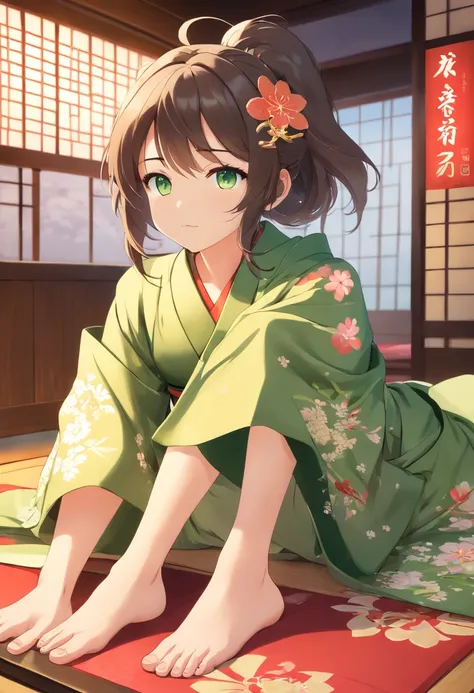 ((Kimono girl)), ((Best quality)), ((Masterpiece)), ((Realistic)), full bodyesbian，Barefoot，There are tattoos on the soles of the feet, Hair with metal hair accessories，Long hair, ((Green eyes)), Female face, Metal engraved tabletop, Royal Halo, trends in ...