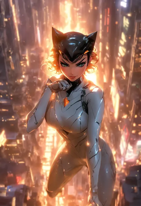 ((Best quality)), ((tmasterpiece)), ((realisticlying)), (A detailed), (Fotor is realistic:1.5), Futuristic Catwoman, (white business suit), Lights in armor, Network cap, looking at viewert, dynamicposes, postapocalyptic, Destroyed city funds, burning build...