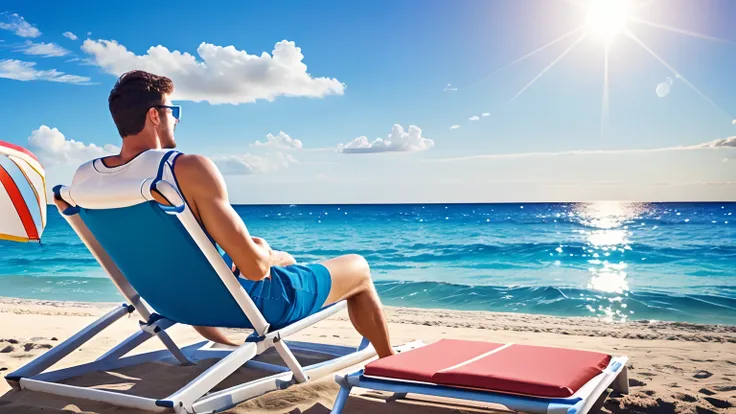 (best quality:1.2), photorealistic, man in swimsuit baking his back on deck chair on the beach, --auto