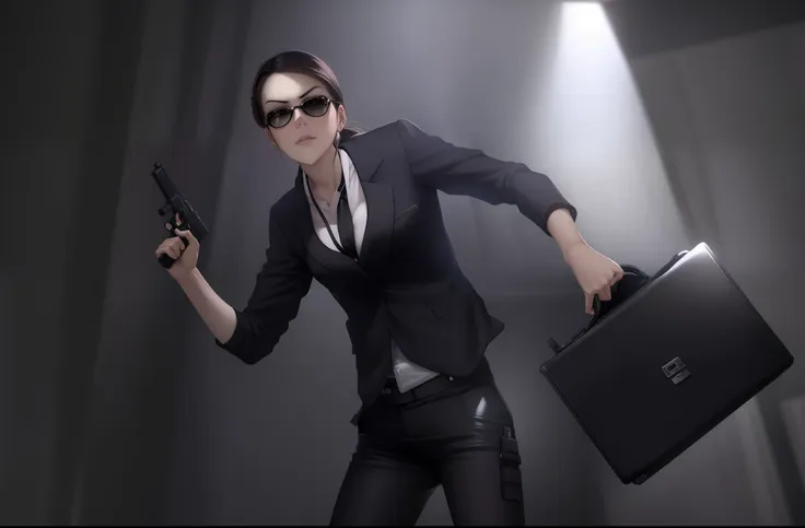 woman in business suit holding a gun and briefcase, carrying a gun, carrying guns, female secret agent, sunglasses, dramatic wie...