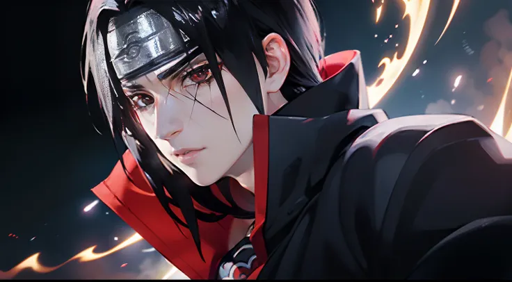 (master part, melhor qualidade, high resolution,Granulado:1.2), quebrar (Uchiha Itachi:1.3), cabelos longos,protetor de testa, Ninja, capa, gola alta, jewelries, colar,cabelos pretos ,olhos vermelhos , macho, 1st grade, black smoke surrounding, covered in ...