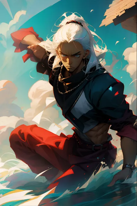 Strong black boy lunarian white hair in one piece anime art style