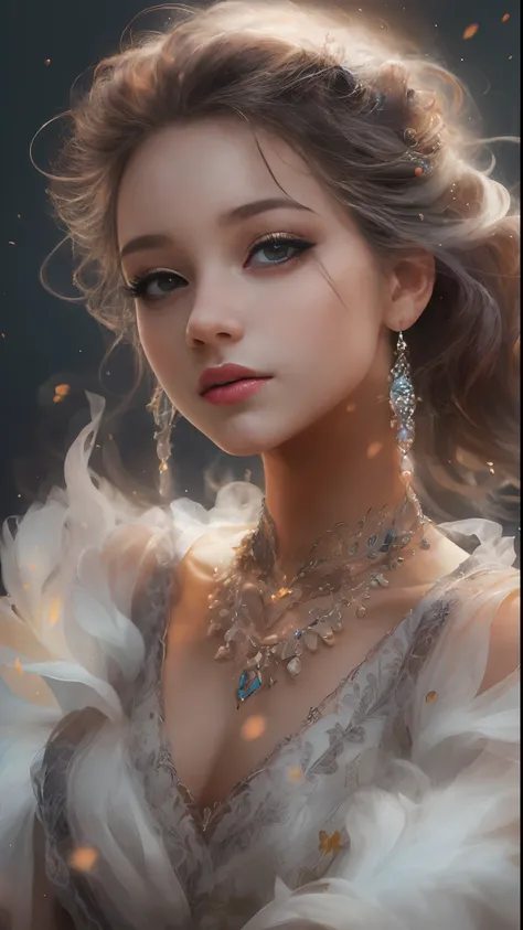 (Best quality, 4K, 8K, A high resolution, Masterpiece:1.2), Ultra-detailed, Realistic portrait, Detailed expression, Graceful posture, Dreamy atmosphere, Dark-toned background, expressive brush strokes, mystical ambiance, Artistic interpretation,Beautiful ...