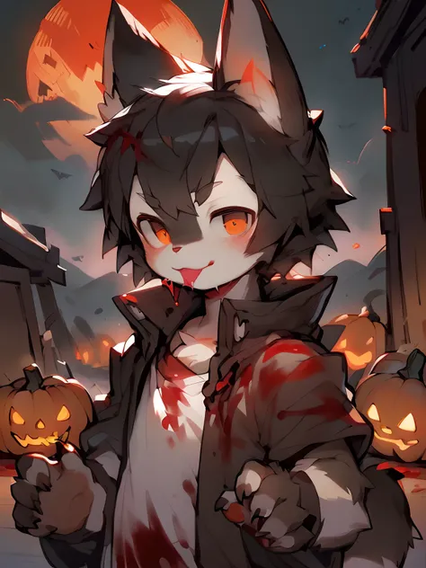 Masterpiece, Best quality, Bright eyes,, (Furry, coyote, Vampire costumes, Multicolored fur, Solo, Claws, Lick lip, blood in face, Halloween, Jack-o-lantern, Night, Blood Moon,Masterpiece, Best quality, Bright eyes, , Furry, coyote, Vampire costumes, Multi...