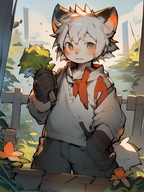 masterpiece, best quality, perfect anatomy, bright eyes, watery eyes, by milkytiger1145, furry, wolf, (felis:0.3), muscular male, solo, clothed, baggy clothing, gloves, holding vegetable, vegetable garden, fence，(by puinkey,by Artista:1.2),(by unrealplace,...