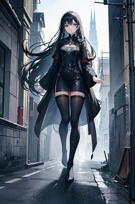 Full body from head to toe, a 28 year old sorcerer young woman stood on the street, long black hair, sharp green eyes, wearing a dark blue robe with a runic symbol on the chest, high res, ultrasharp, 4K masterpiece, looking at viewer.