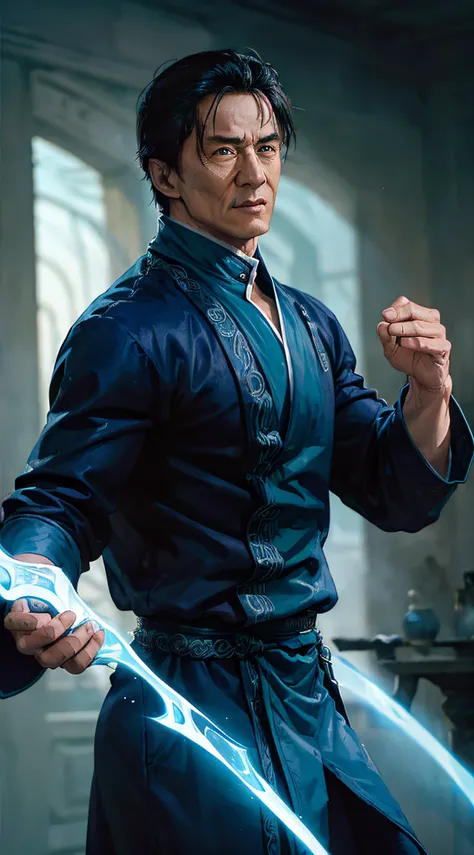 actor ((jackie chan)) as shang tsung, mortal kombat, ((old)), sinister-looking, ((bald spot)), ((goatee)), dark blue long robe, ...