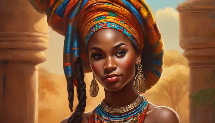 (african girl),colorful clothing,traditional headdress,beautiful braided hair,proud and confident expression,vibrant background,rich cultural symbols,medium:oil painting,detailed brushwork,realistic portrait,highres,vivid colors,natural lighting