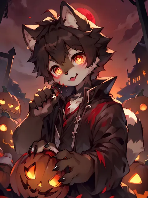 Masterpiece, Best quality, Bright eyes,, (Furry, coyote, Vampire costumes, Multicolored fur, Solo, Claws, Lick lip, blood in face, Halloween, Jack-o-lantern, Night, Blood Moon,Masterpiece, Best quality, Bright eyes, , Furry, coyote, Vampire costumes, Multi...