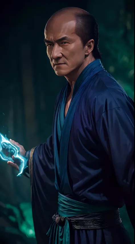 actor ((jackie chan)) as shang tsung, mortal kombat, ((old)), sinister-looking, ((bald spot)), ((goatee)), dark blue long robe, ...