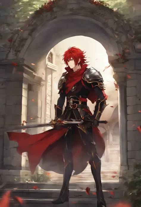 Anime guy with red hair and red armor with black thorns in front of a building,  homem bonito anime, personagem de anime masculino, com longos cabelos vermelhos , como um personagem de anime, no filme de anime, Estilo Kentaro Miura, em um anime, cara de an...