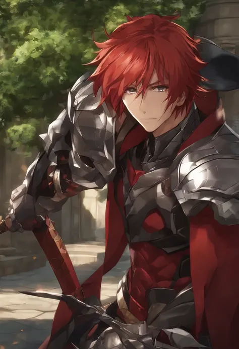 Anime guy with red hair and red armor with black thorns in front of a building,  homem bonito anime, personagem de anime masculino, com longos cabelos vermelhos , como um personagem de anime, no filme de anime, Estilo Kentaro Miura, em um anime, cara de an...