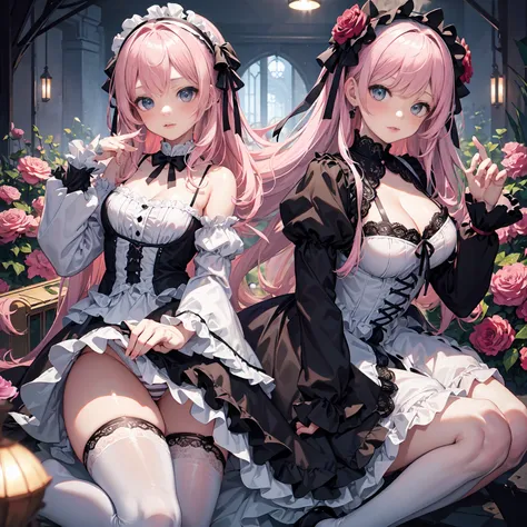 (best quality, 8k, masterpiece:1.2, nsfw ),Cutest,Cute girl,(solo),mesugaki,Beautiful face,Beautiful eyes,Beautiful hair, Light pink hair,Lots of colorful flowers,Gothic Lolita in dark tones,Grey and white striped panty lace with ruffles,