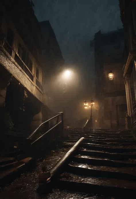 (best quality,4k,8k,highres,masterpiece:1.2),ultra-detailed,(realistic,photorealistic,photo-realistic:1.37),dark,night,falling,stairs,bus,black clothes, black hair,gloomy,rain,rainy,heavy rain,ray tracing,mud,muddy ground