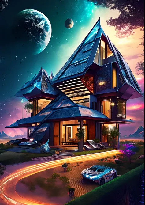 dreamlikeart, galaxy, outer space, nebula, star, [cyberpunked] Thai style house from the stars (star:1.5),