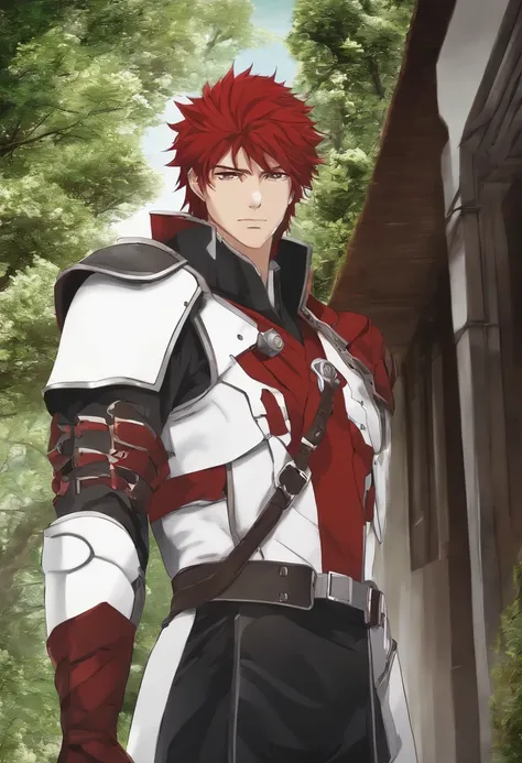 cara anime com cabelo vermelho longo, Jegal Taek and a red armor with black thorns in front of a building,  homem bonito anime, personagem de anime masculino, com longos cabelos vermelhos , como um personagem de anime, no filme de anime, Estilo Kentaro Miu...