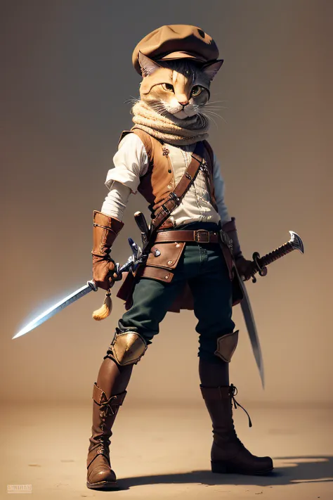 um gato com botas, a hat and a thin sword in his hands