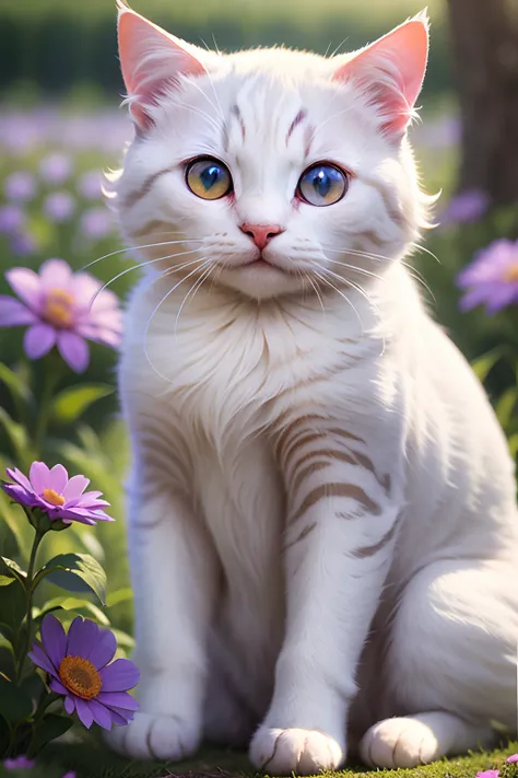 Cute round-eyed white cat in purple flower field,