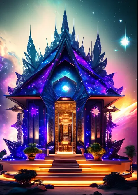 dreamlikeart, galaxy, outer space, nebula, star, [cyberpunked] Thai Pavilion from the stars (star:1.5),