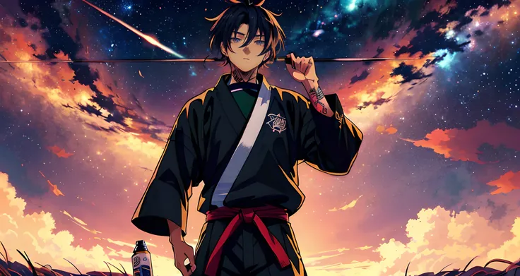 anime character with sword in hand standing on field with stars in background, cara bonito na arte demon slayer, badass anime 8 k, estilo anime 4K, 4 k manga wallpaper, Otaku Gangasta, Demon Slayer rui fanart, inspirado em Okumura Masanobu, Anime Wallaper,...