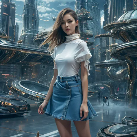 Cidade futuristica， fanciful， 24th century 32K（tmasterpiece，k hd，hyper HD，32K），Denim skirt