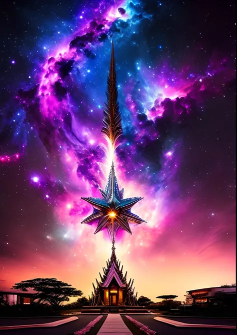 dreamlikeart, galaxy, outer space, nebula, star, [cyberpunked] Thai church from the stars (star:1.5),