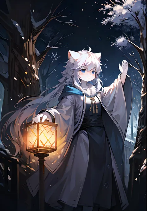 A white cat，Stand next to the tree，Dancing snowflakes，Abandoned wells，sadness，flowing robe，Hooded jacket，One hand holds the tree，solo person，long whitr hair，Snowflakes in the sky，